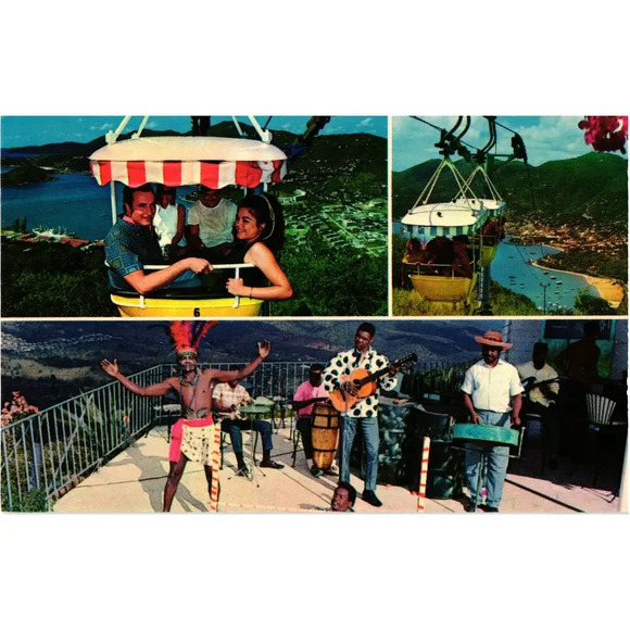 American Vintage Other - ST. THOMAS Virgin Islands TRAMWAY TO THE TOP OF THE ISLE Panoramic View Postcard